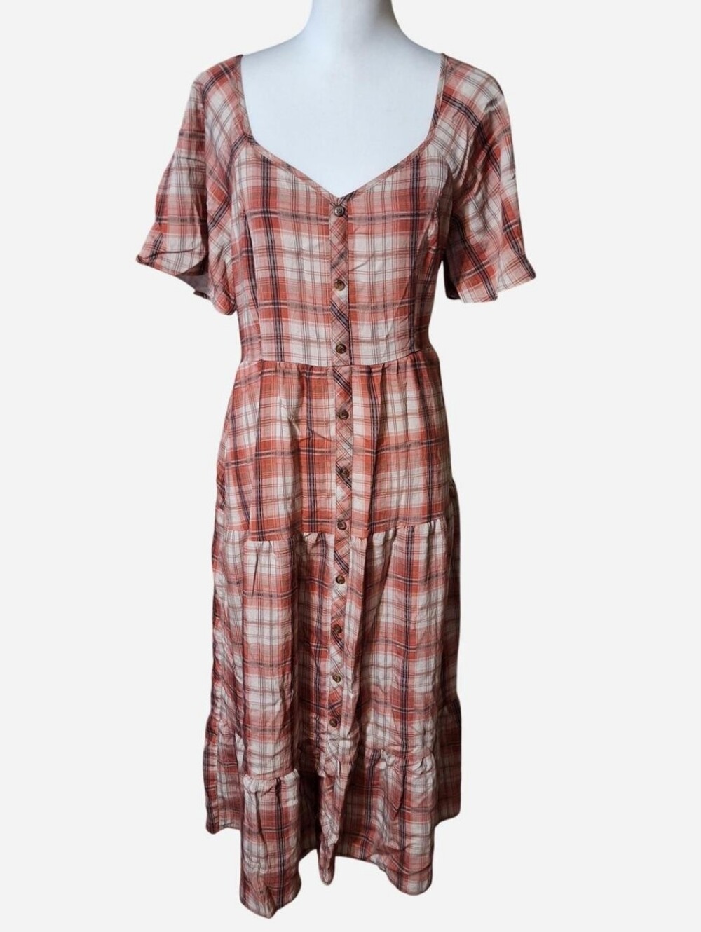 Bloomchic 1X Plaid Midi Maxi Shirt Dress Tiered Smocked Fall Country Cottage